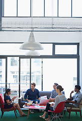 Image showing Brainstorming, group and staff in a meeting, planning and collaboration with teamwork, creative agency and discussion. Business people, men or women with teamwork, conversation or company development