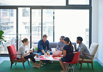 Image showing Business people, group and staff for collaboration, creativity and planning in modern office lounge. Startup, men or women in diversity brainstorming ideas for project, teamwork or meeting discussion