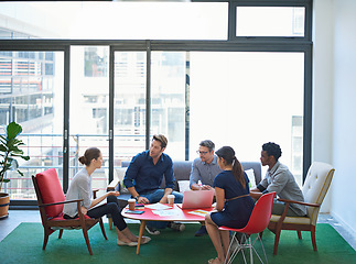 Image showing Creative, business people and group in a meeting, collaboration and teamwork with brainstorming. Staff, team or partnership with ideas, planning or discussion with creativity, professional and growth