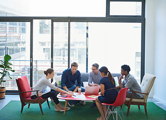 Image showing Creative, business people and staff in a meeting, planning and discussion for growth, writing project or collaboration. Writers group, team or partnership with ideas, startup success or brainstorming