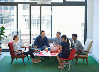 Image showing Group, startup and business people in a meeting, creative and development for a project, brainstorming and discussion. Staff, partnership or team with ideas, conversation or collaboration with growth