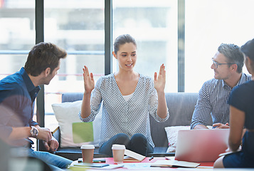 Image showing Group of creative people in meeting, strategy and team project management at advertising agency. Communication, collaboration and collaboration, men and women in discussion, design process at startup