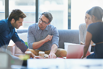 Image showing Group of creative people in meeting, brainstorming and team project management at advertising agency. Communication, collaboration and strategy, men and women in discussion, design process at startup