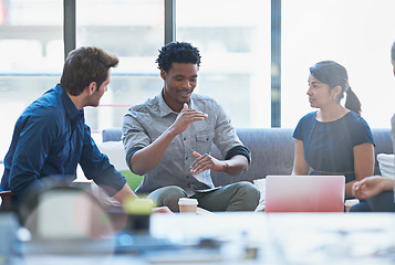 Image showing Planning, training and goal with black man in business meeting for strategy, project management or creative. Entrepreneur, brainstorming and teamwork with people in startup for design collaboration