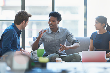 Image showing Planning, training and support with black man in business meeting for strategy, project management and creative. Entrepreneur, brainstorming and teamwork with employees for design and collaboration