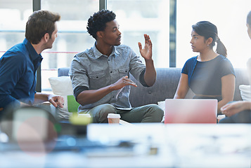 Image showing Group, creative people and black man in meeting, brainstorming and collaboration at advertising agency. Communication, teamwork and strategy of men, women and discussion for design process at startup