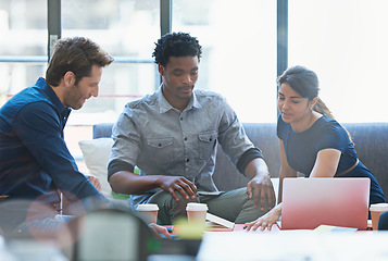 Image showing People in creative meeting, brainstorming and team project management at advertising agency. Communication, collaboration and group strategy, men and woman in discussion, design process at startup