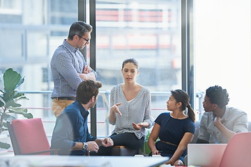 Image showing People in creative meeting, brainstorming and teamwork in project management at business agency. Communication, collaboration and group strategy, men and women talk about design process at startup