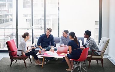 Image showing Business people, meeting and staff with ideas, creative agency and discussion in a modern office. Group, team and men with women, brainstorming and planning for a project, startup and collaboration