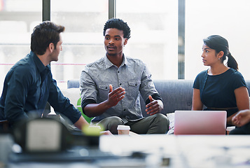 Image showing Planning, training and strategy with black man in business meeting for idea, project management or creative. Entrepreneur, brainstorming and teamwork with people in startup for design collaboration