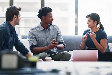 Image showing Planning, teamwork and mentor with business people in meeting for strategy, project management or creative. Entrepreneur, brainstorming and diversity with employee in startup for design collaboration