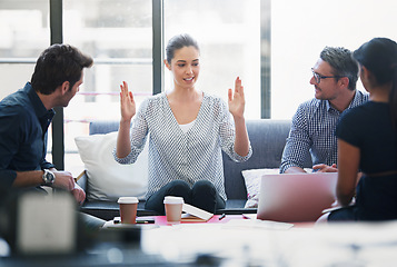 Image showing Planning, review and meeting with business woman in office for strategy, project management or creative. Entrepreneur, brainstorming and teamwork with employees in startup for design collaboration