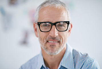 Image showing Portrait, glasses and leadership with a business man in the office for corporate or professional work. Face, eyewear and management with a senior leader or CEO in a workplace on a blurred background