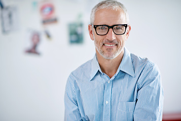 Image showing Portrait, glasses and management with a business man in the office for corporate or professional work. Face, eyewear and leadership with a senior manager or CEO in a workplace on a blurred background