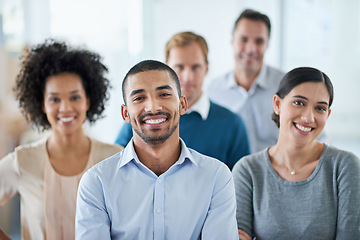 Image showing Happy, portrait and diversity of business people in an office for teamwork, leadership and success. Agency, together and employees with a smile at work for management support and solidarity as staff