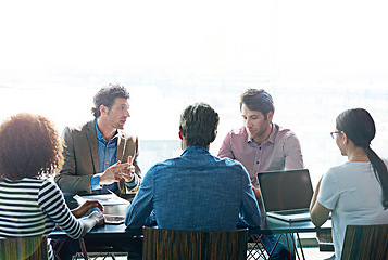 Image showing Talking, planning and business people in a morning meeting for work schedule, agenda or ideas. Serious, team and a group of lawyers in a discussion about a legal strategy negotiation together