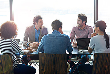 Image showing Group, brainstorming and staff in a meeting, planning and consulting with ideas, opinion and feedback. Coworkers, team and men with women, review and discussion with company development and growth