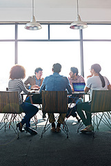 Image showing Discussion, planning and team of business people in the office boardroom brainstorming for a project. Collaboration, professional and group of employees in a creative meeting in the modern workplace.