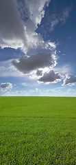 Image showing Nature, clouds and environment with landscape of field for farm mockup space, hill and ecology. Plant, grass and horizon with countryside meadow for spring, agriculture and sustainability