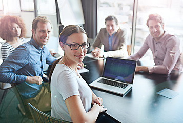 Image showing Management, laptop and portrait of business team happy for success in a meeting of a tech agency or startup. Teamwork, group and corporate people planning a growth strategy, project and proposal