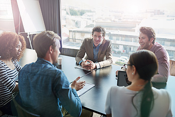 Image showing Brainstorming, business and staff in a meeting, collaboration and negotiation with cooperation. Group, team and coworkers with ideas, executive and planning with a project, teamwork and conversation