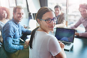 Image showing Meeting, collaboration and portrait of business team happy for success in a professional tech agency or startup. Teamwork, group and corporate people planning a growth strategy, project and proposal