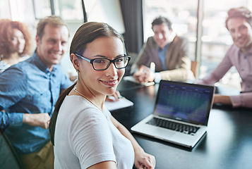 Image showing Smile, portrait and a business people in a boardroom meeting for planning, teamwork or work agenda. Happy, corporate and lawyers for business training, workshop or seminar together in office