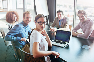 Image showing Meeting, boardroom and portrait of business team in collaboration for growth of a tech agency or startup. Teamwork, group and corporate people planning or working on a strategy, project and proposal