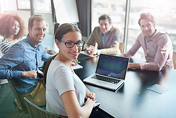 Image showing Meeting, teamwork and portrait of business woman leader and team happy for success in a tech agency or startup. Teamwork, group and corporate people planning a growth strategy, project and proposal