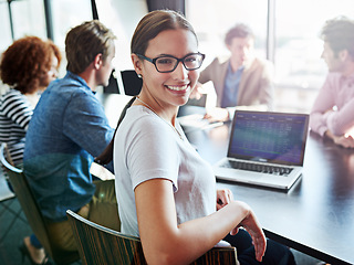 Image showing Smile, portrait and a woman in a meeting with a laptop for planning, teamwork or work agenda. Happy, corporate and lawyers in a boardroom for business training, workshop or seminar together in office