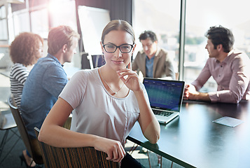 Image showing Meeting, development and portrait of leader woman and team happy for success in a tech agency or business. Teamwork, group and corporate employee planning a growth strategy, project and proposal