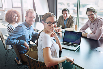 Image showing Meeting, boardroom and portrait of business development team happy for success in a tech agency or startup. Teamwork, group and corporate people planning a growth strategy, project and proposal