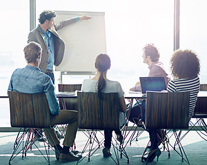 Image showing Meeting, coaching and whiteboard with a business man in the boardroom for a presentation, training or education. Seminar, management or leadership with a male employee talking to a team in the office