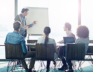 Image showing Meeting, presentation and whiteboard with a business man in the boardroom for training, coaching or education. Workshop, management or leadership with a male employee talking to his team in an office