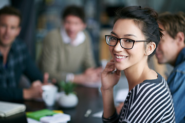 Image showing Portrait, team and woman in a meeting, discussion and collaboration with professional, teamwork and happiness. Face, female person or employee with negotiation, support and solidarity with motivation