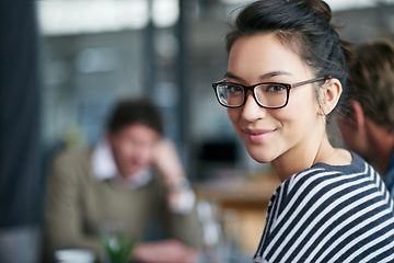 Image showing Smile, portrait and a woman in a meeting at work for business, workshop or a seminar. Happy, space and a designer in the workplace for creative collaboration, expert teamwork and working together