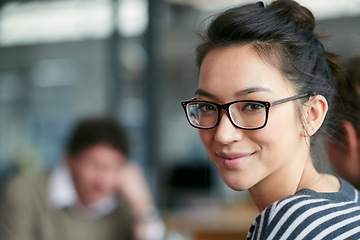 Image showing Space, portrait and a woman in a meeting at work for business, workshop or a seminar. Happy, office and a designer in the workplace for creative collaboration, expert teamwork and working together