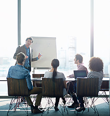 Image showing Meeting, education and whiteboard with a business man in the boardroom for training or coaching presentation. Workshop, management or leadership with a male employee teaching to his team in an office