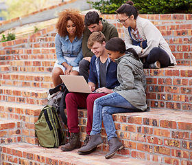 Image showing Computer, studying and group of people outdoor for university learning, teamwork and collaboration on stairs. Happy diversity students, youth or friends on college campus, laptop and online education