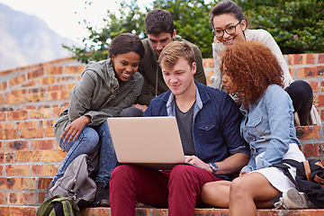 Image showing Laptop, university students and group studying, teamwork and planning schedule, project ideas or collaboration. Happy diversity people, youth or friends on college campus steps for online education