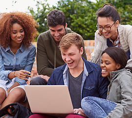 Image showing Laptop, university students or excited people with wow for news, results or college results for online application. Happy diversity, youth or friends on school campus with computer for education