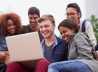 Image showing Laptop, laughing and group of students outdoor on university e learning app, online class or remote studying. Happy diversity people, youth or friends on college campus, computer or digital education