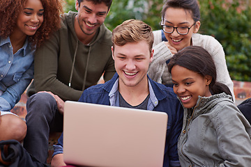 Image showing Computer, laughing and group of students outdoor in university learning, teamwork and studying for scholarship. Happy diversity people, youth or friends on college campus, laptop and online education