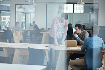 Image showing Manager, teamwork or business people in startup planning to design a project for collaboration. Laptop, online or mentor training, teaching or coaching employees for digital research behind glass