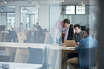 Image showing Mentorship, teamwork or business people in startup planning to design a project for collaboration. Laptop, online or manager training, teaching or coaching employees for digital research behind glass