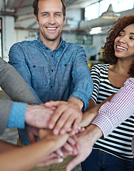 Image showing Portrait, collaboration and business people with hands together for cooperation, team building or solidarity. Teamwork, hand huddle and group of employees with motivation, happy and support for goals