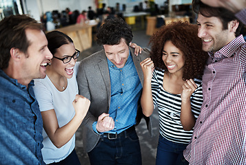 Image showing Teamwork, success or excited business people in celebration of sales goals, winning victory or target. Winner, motivation or happy employees celebrating deal or achievement together in office