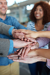 Image showing Success, teamwork or hands of business people in stack for mission goals, collaboration or support. Team building, blurry or happy employees in meeting with smile, solidarity or motivation together