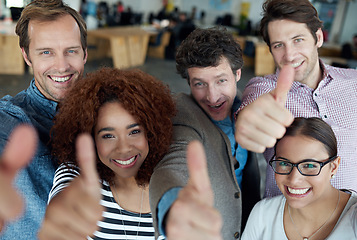 Image showing Portrait, thumbs up or business people smile in agreement, support or collaboration together in office. Startup community team, happy or group of employees with thumb up, yes or like hand gesture