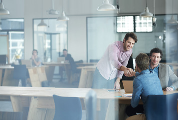 Image showing Business people, handshake and introduction, welcome to office and hello. Shaking hands, smile and employees with deal, partnership or b2b, success and thank you for company acquisition in meeting.